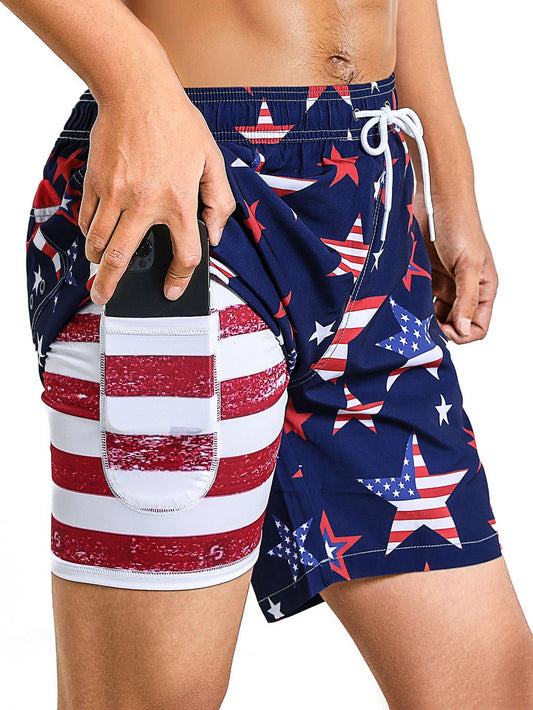 2 In 1 American Flag Star Print Swim Shorts