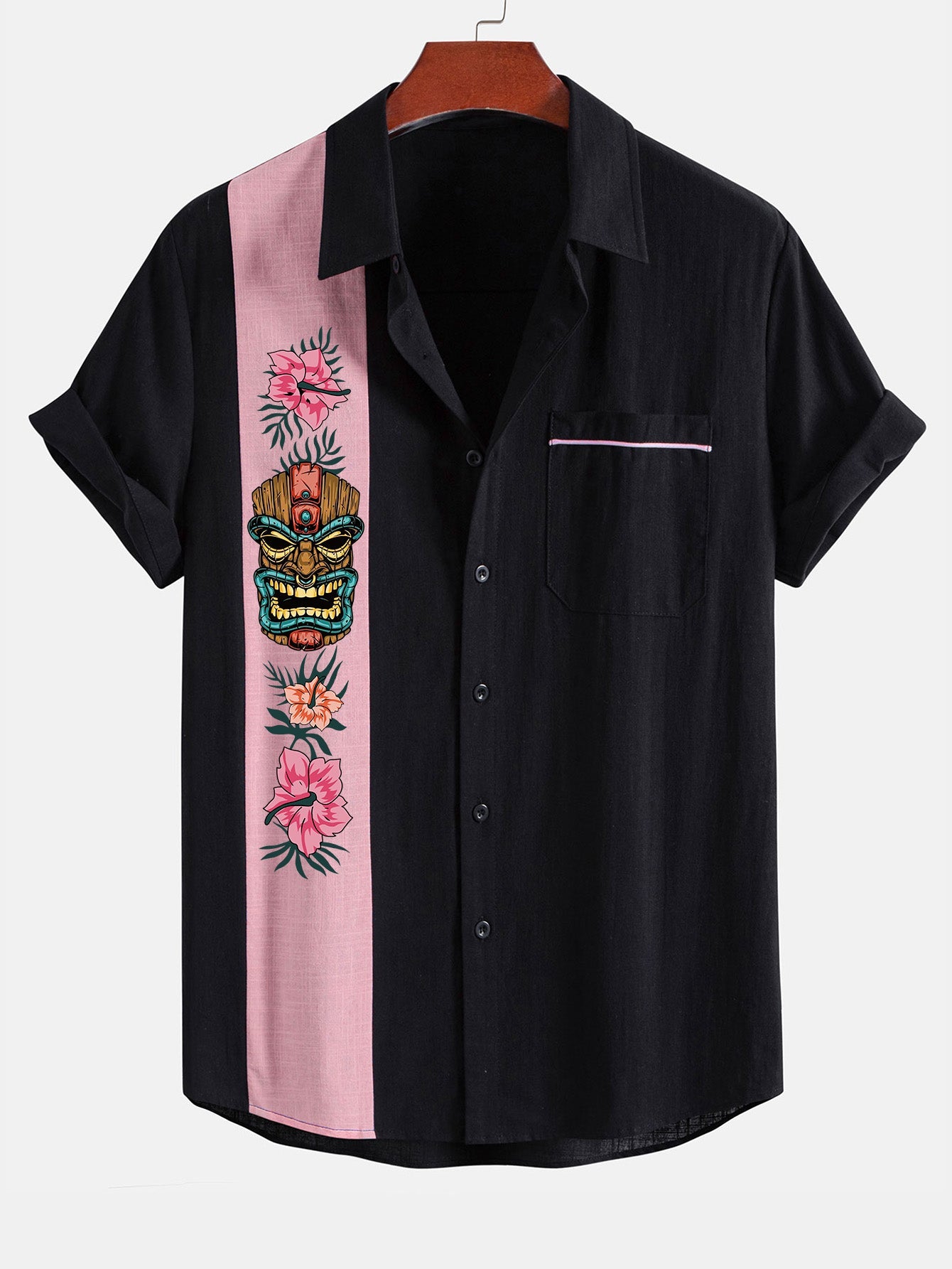 Tiki Tribe Hawaii Print Linen Look Contrast Button Up Shirt