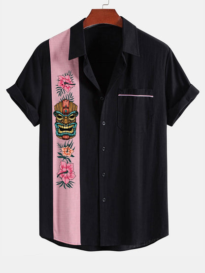 Tiki Tribe Hawaii Print Linen Look Contrast Button Up Shirt