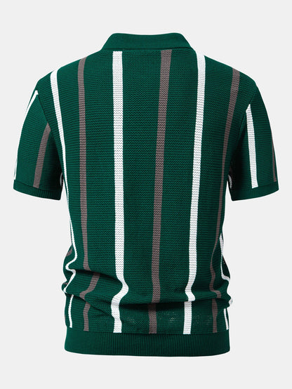 Striped Knit Zip Up Polo Shirt
