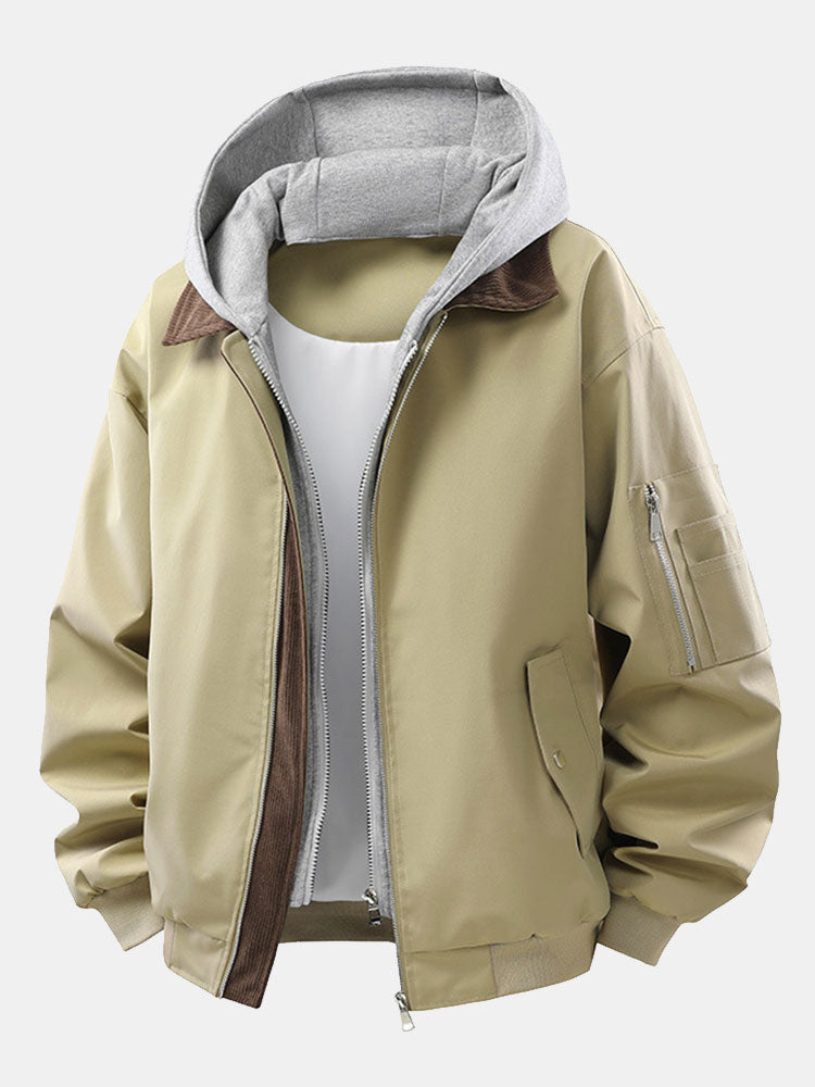 Relax Fit Contrast Corduroy Bomber Jacket With Detachable Hood