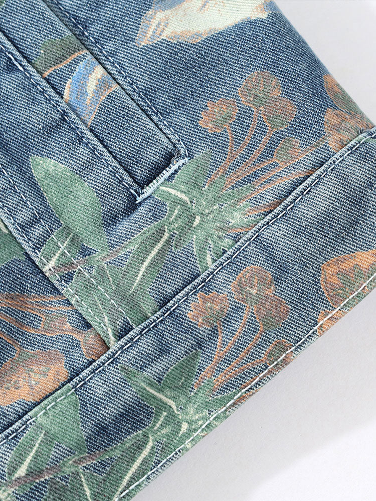 Relax Fit Flower Print Washed Denim Jacket