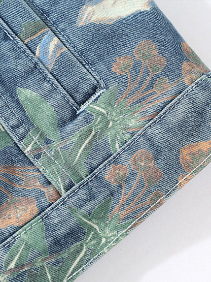Relax Fit Flower Print Washed Denim Jacket