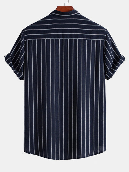 Cotton Blend Striped Stand Collar Shirt