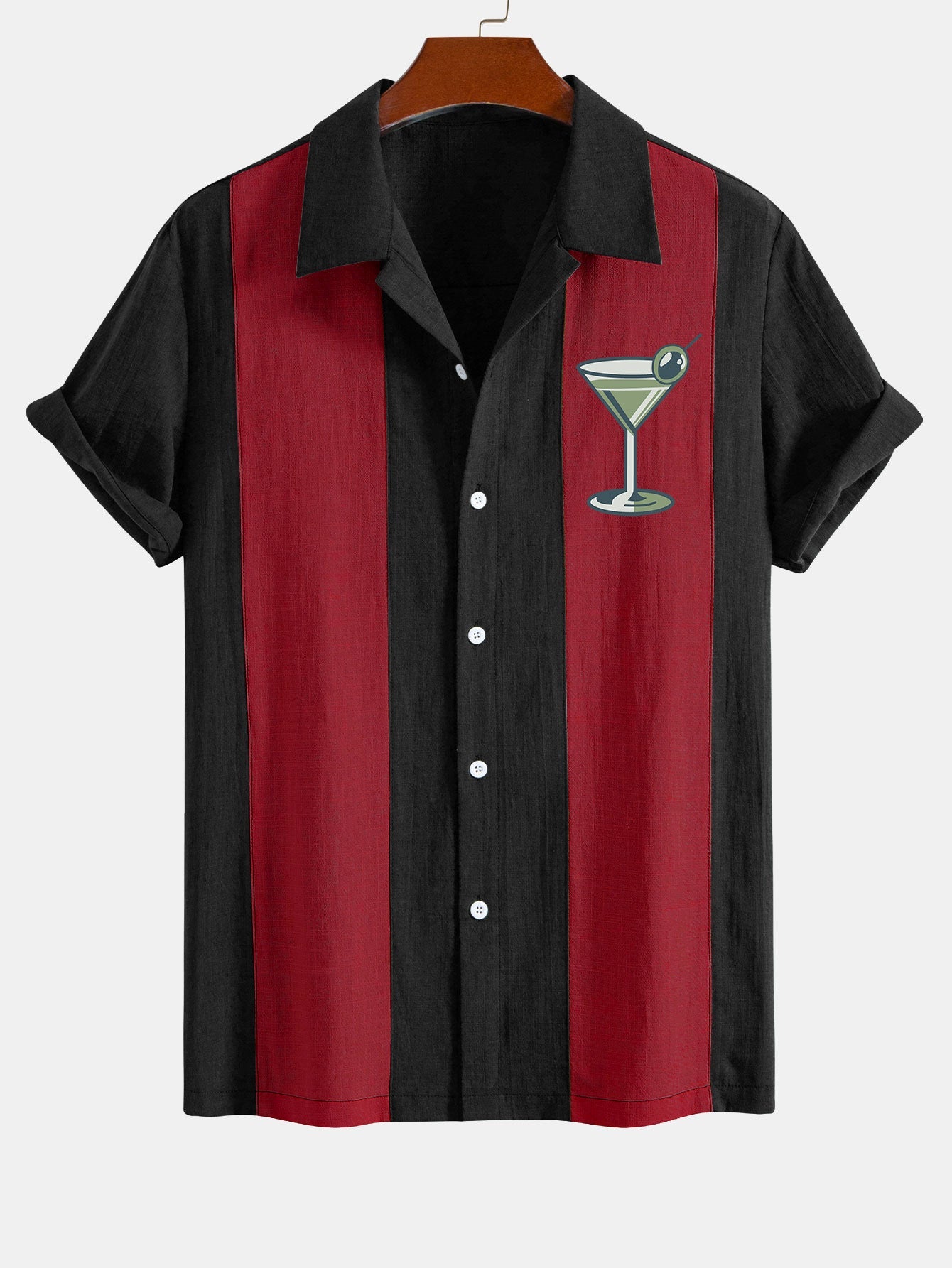 Vintage Martini Cocktail  Print Linen Look Patchwork Bowling Shirt