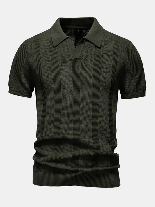Stripe Hollow Knit V Neck Polo Shirt