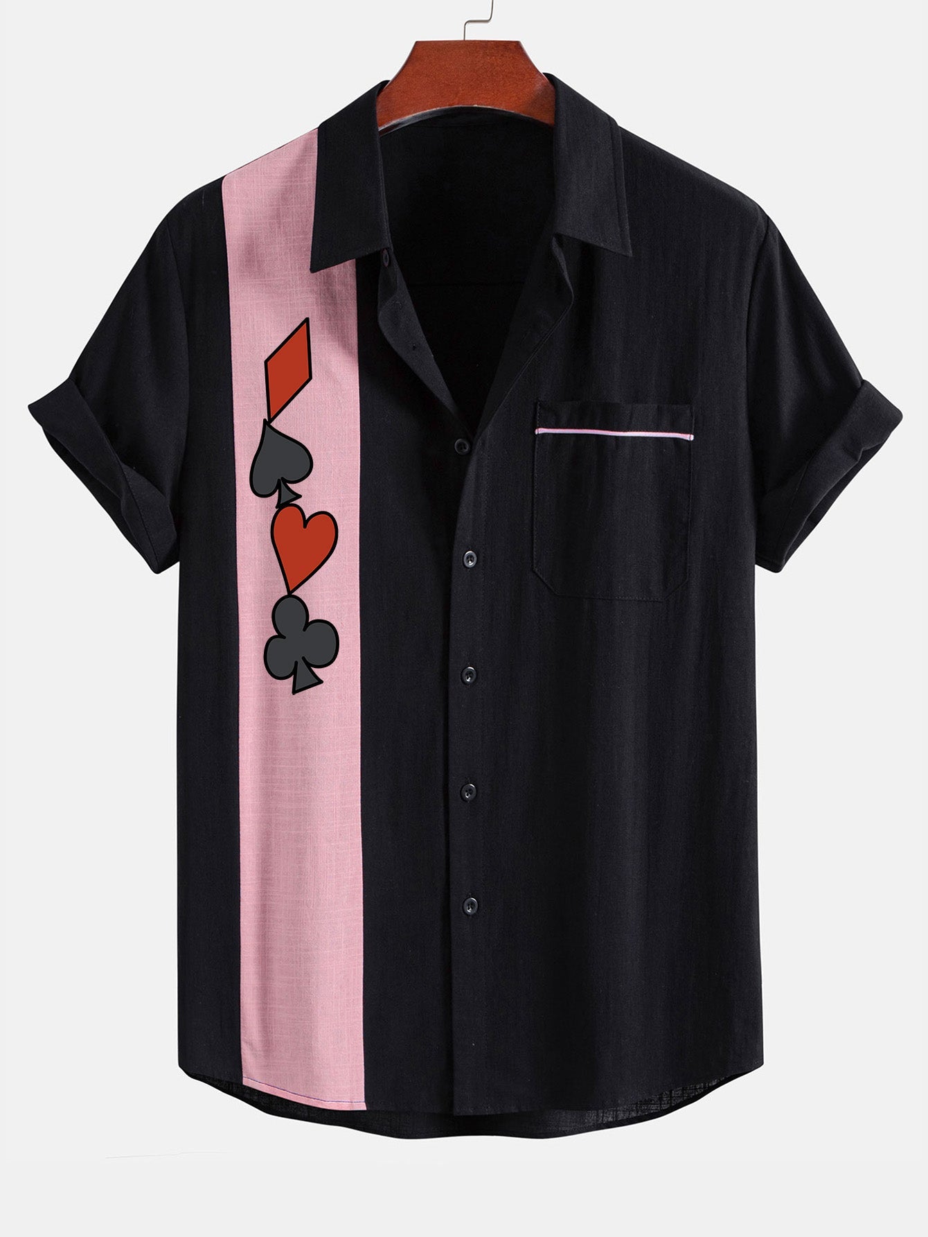 Poker Print Linen Look Contrast Button Up Shirt