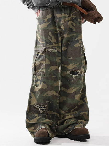 Baggy Fit Camo Ripped Wide Leg Pants