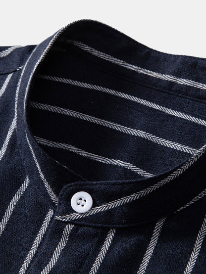 Cotton Blend Striped Stand Collar Shirt