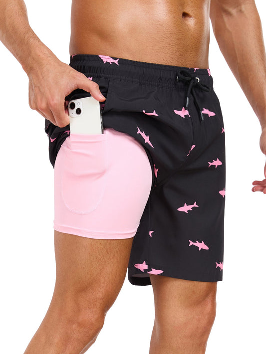 2 In 1 Pink Shark Print Swim Shorts