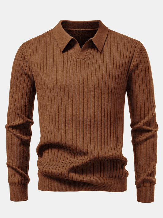 Long Sleeve Ribbed Knit Johnny Collar Polo Shirt