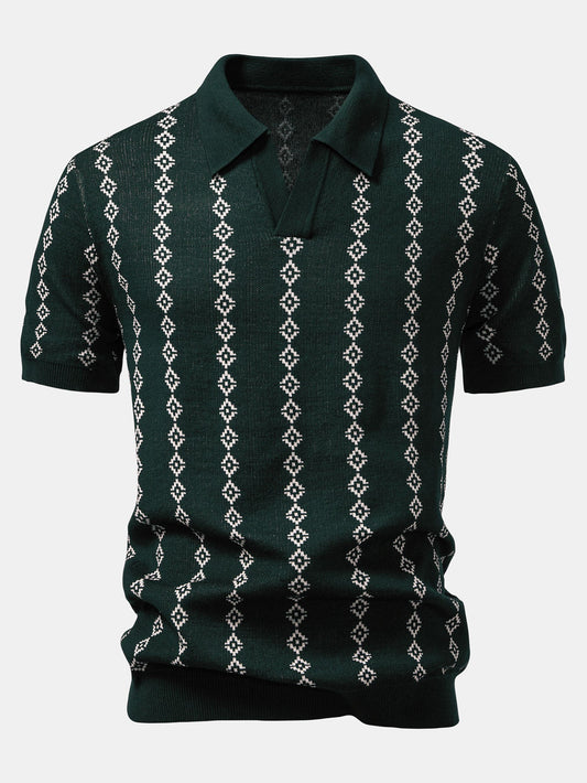 Geometric Knit V Neck Polo Shirt