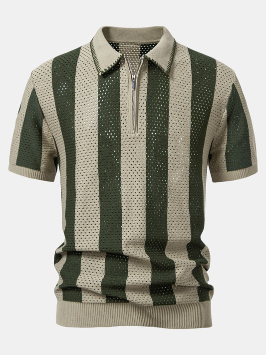 Striped Eyelet Knit Zip Up Polo Shirt