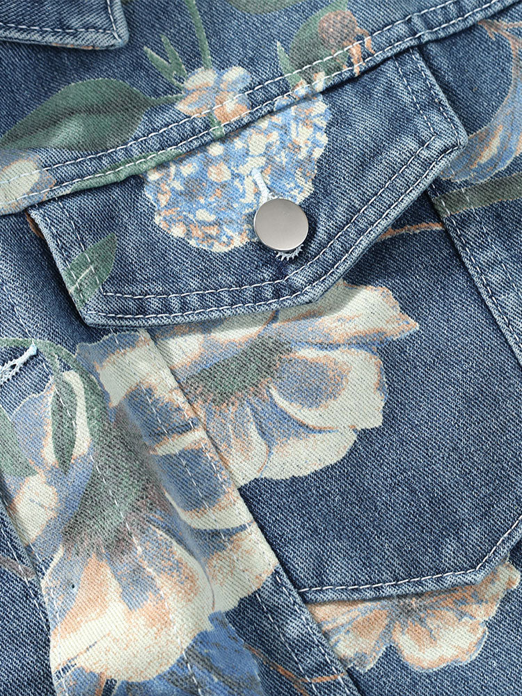 Relax Fit Flower Print Washed Denim Jacket