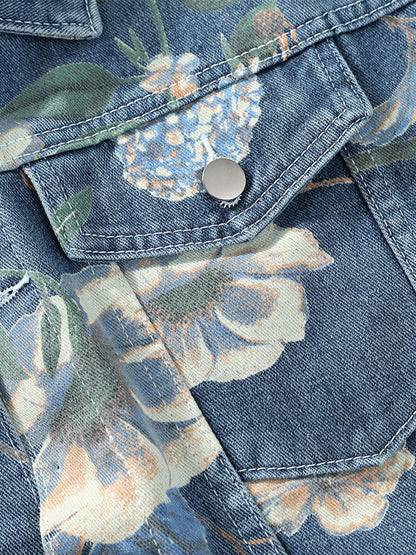 Relax Fit Flower Print Washed Denim Jacket