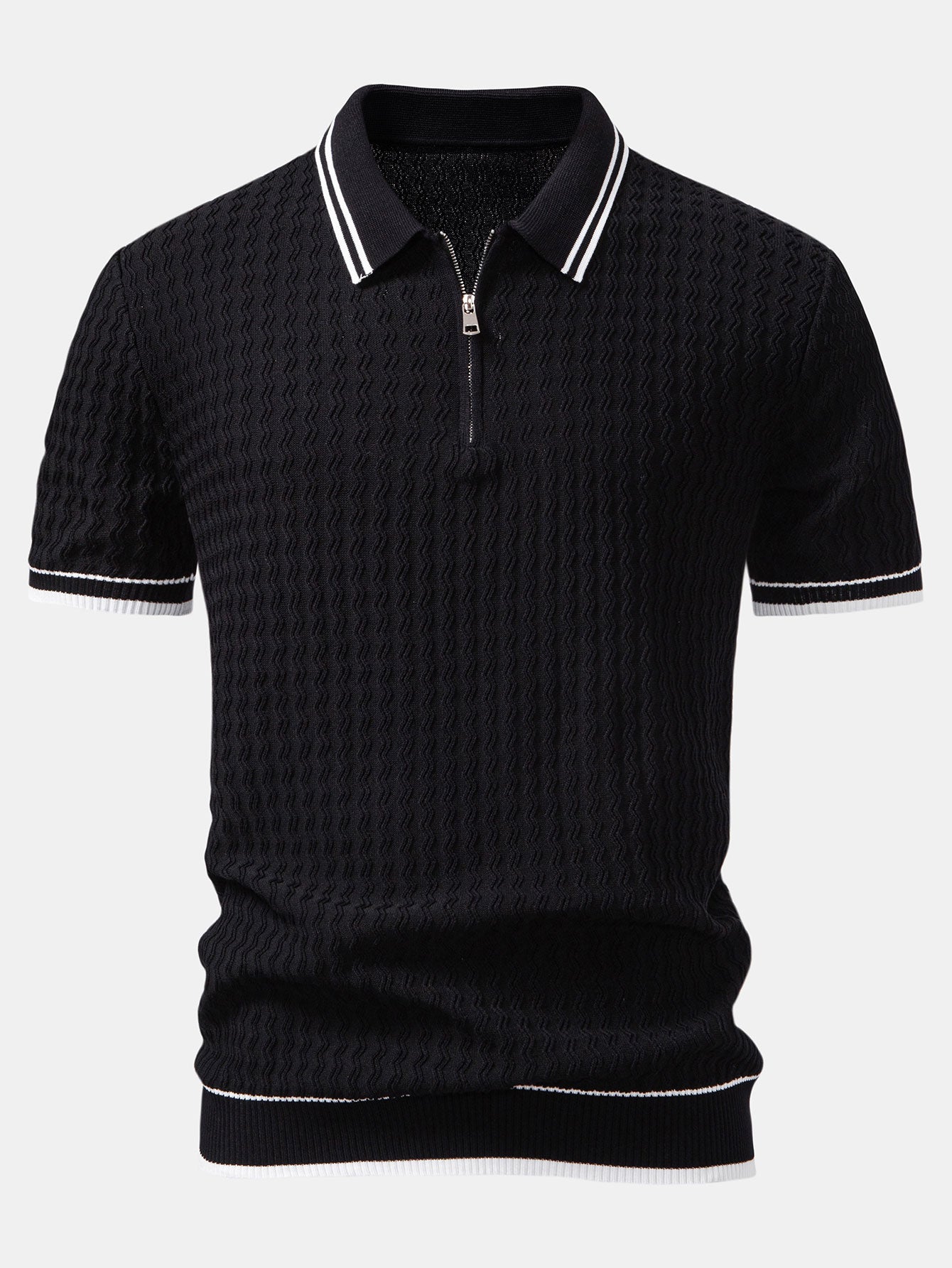Wave Jacquard Zip Up Knitted Polo Shirt