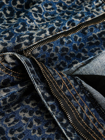 Leopard Print Washed Distressed Denim Baggy Pants