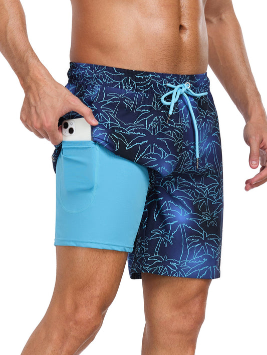 2 In 1 Palm Tree Print Swim Shorts