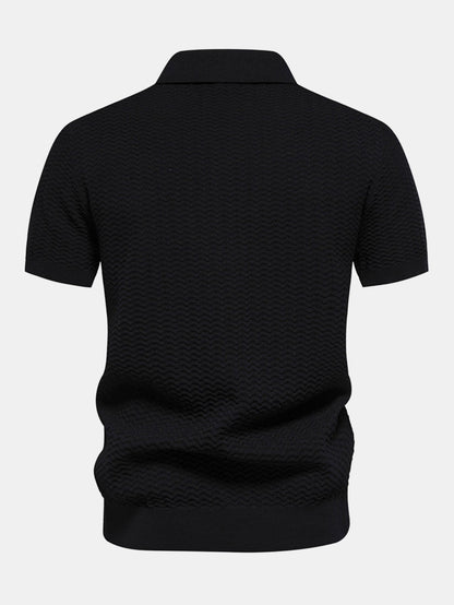 Contrast Textured Jacquard Knit Zip Up Polo Shirt