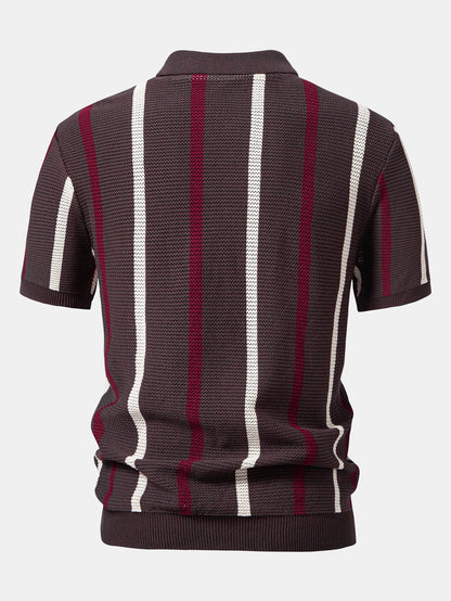 Striped Knit Zip Up Polo Shirt