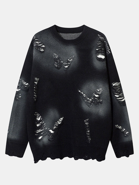 Butterfly Print Distressed Knit Sweater