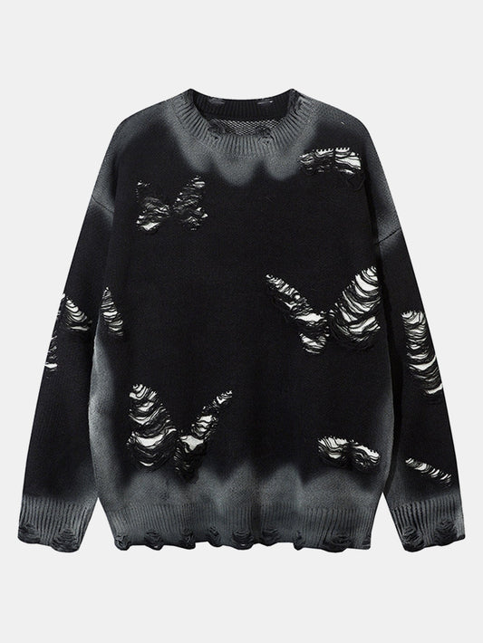 Butterfly Print Distressed Knit Sweater