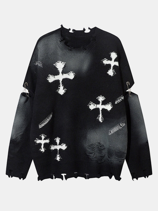 Cross Print Distressed Knit Sweater