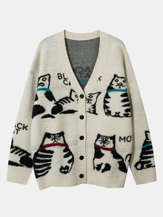Black Cat Print Button Up Knit Sweater