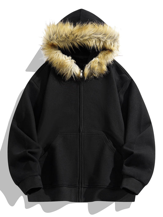 Relax Fit Faux Fur Collar Zip-Up Hoodie