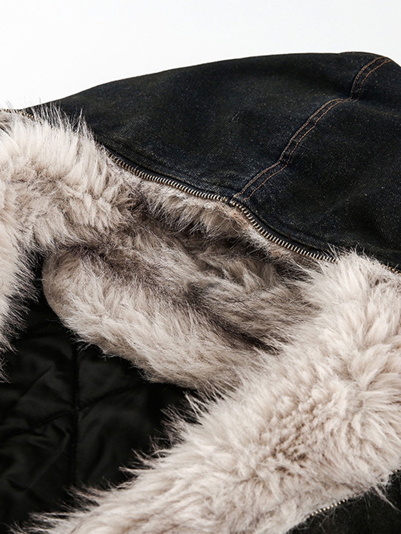 Boxy Faux Fur Collar Washed Denim Hooded Jacket