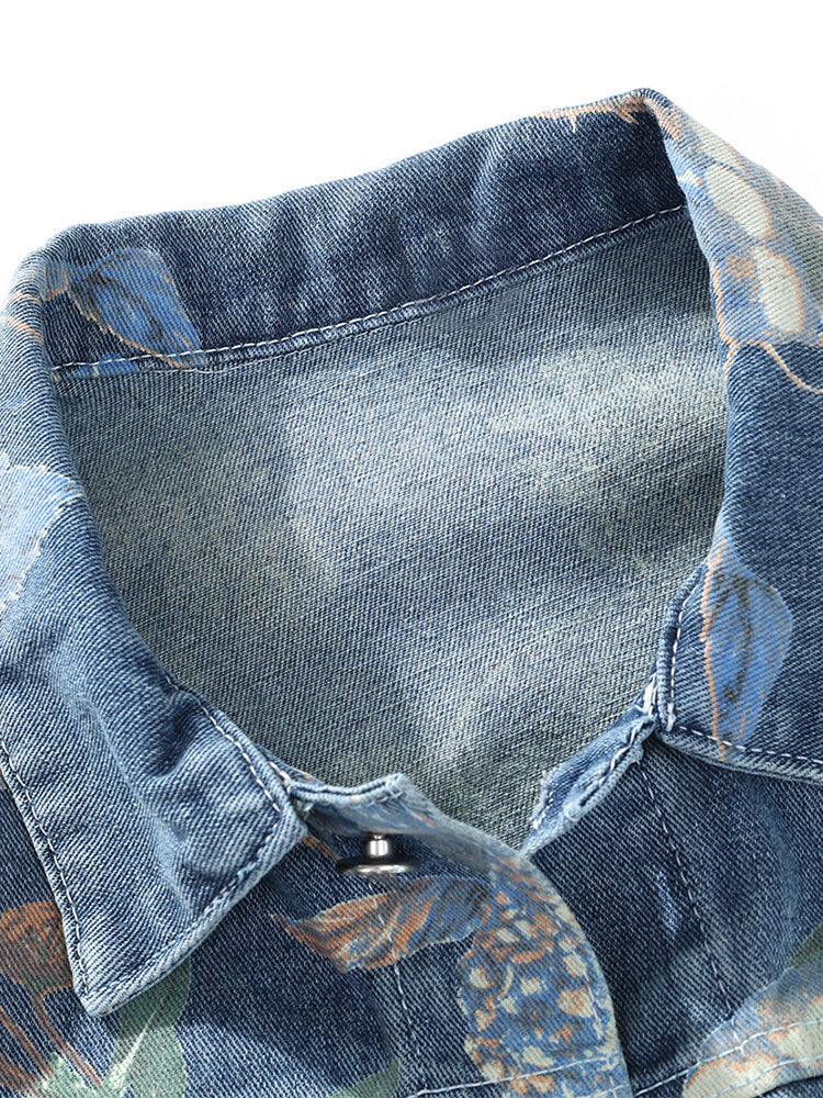 Relax Fit Flower Print Washed Denim Jacket