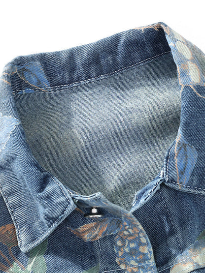 Relax Fit Flower Print Washed Denim Jacket