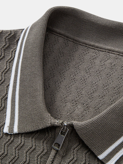 Wave Jacquard Zip Up Knitted Polo Shirt