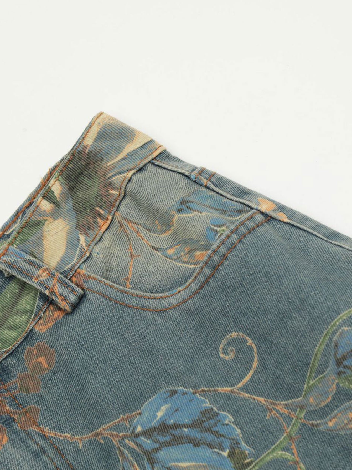 Flower Print Denim Wide Leg Pants