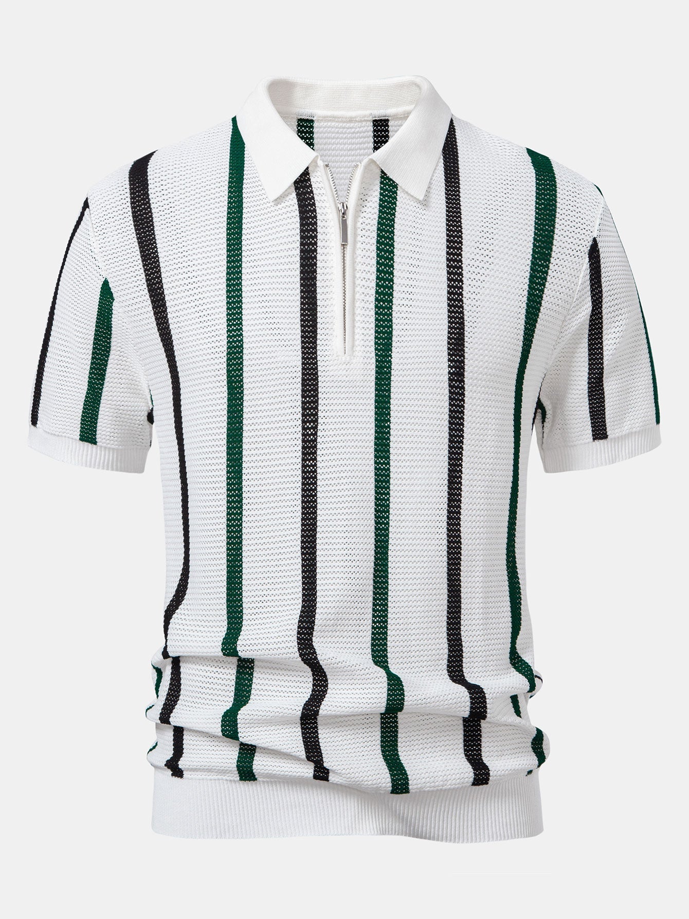 Striped Knit Zip Up Polo Shirt