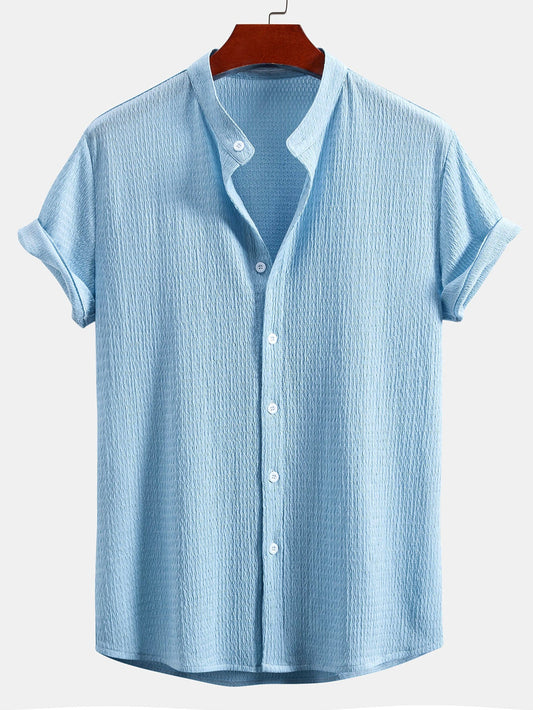 Muscle Fit Crinkled Textured Stand Collar Shirt