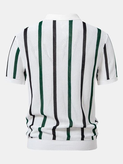 Striped Knit Zip Up Polo Shirt