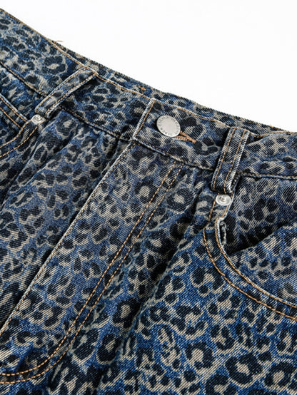 Leopard Print Washed Distressed Denim Baggy Pants