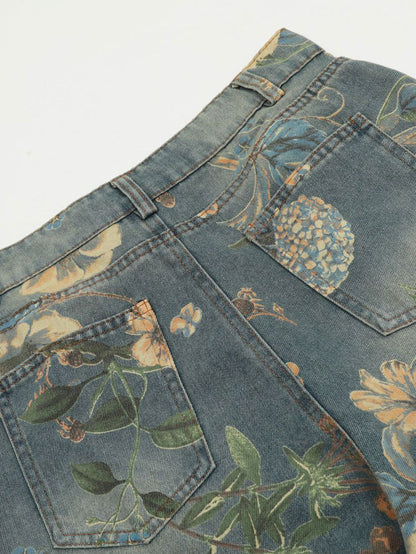 Flower Print Denim Wide Leg Pants