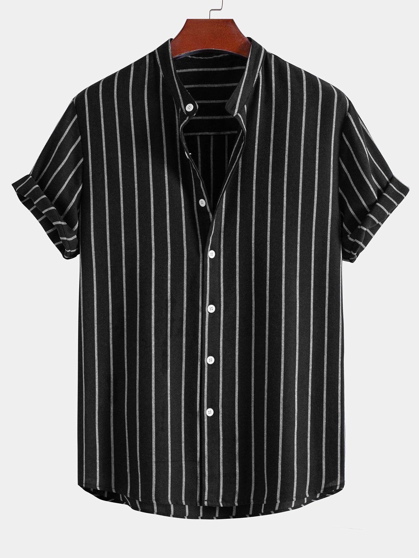 Cotton Blend Striped Stand Collar Shirt
