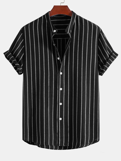 Cotton Blend Striped Stand Collar Shirt