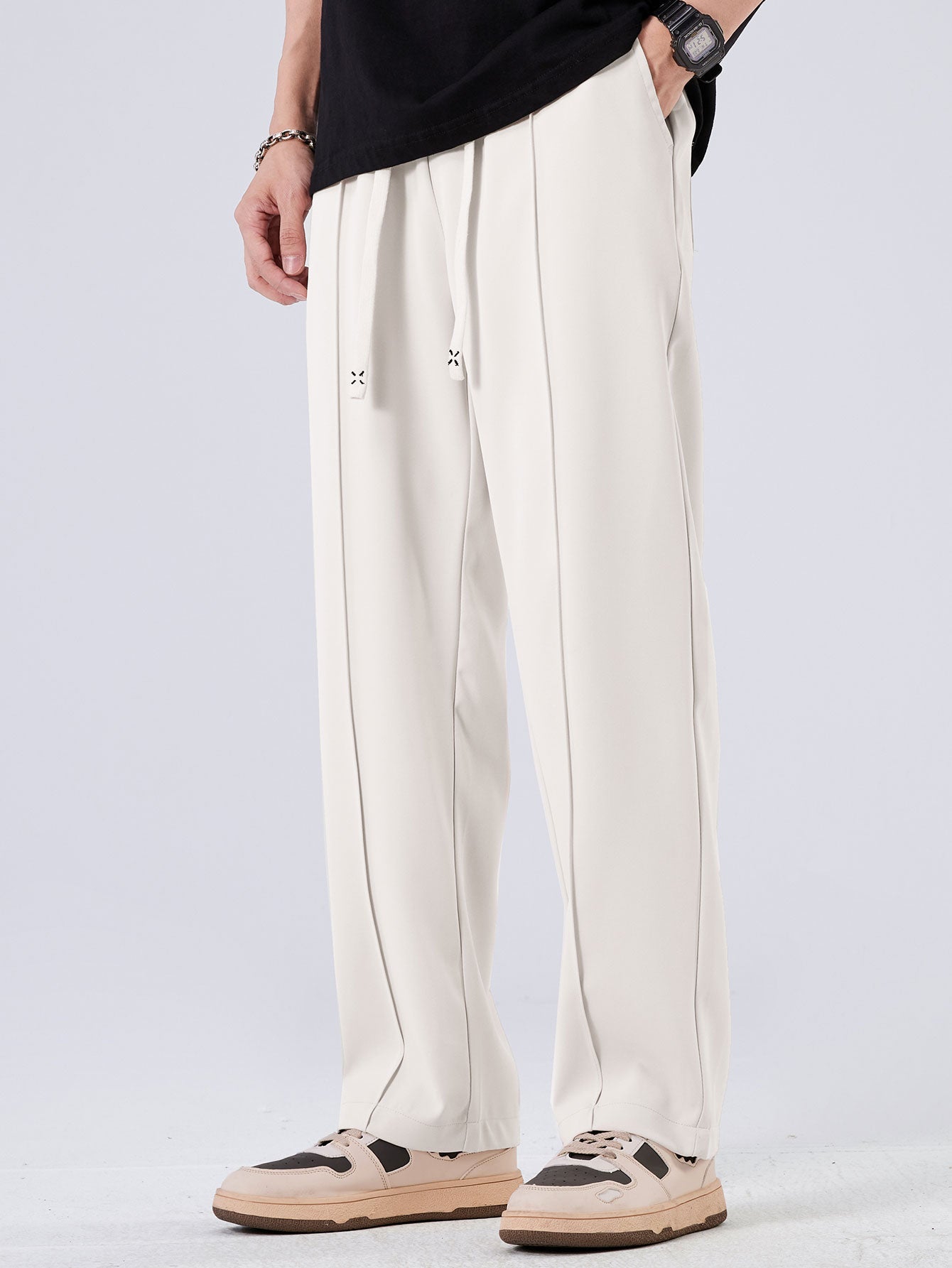 Single Pleat Drawstring Straight Leg Pants