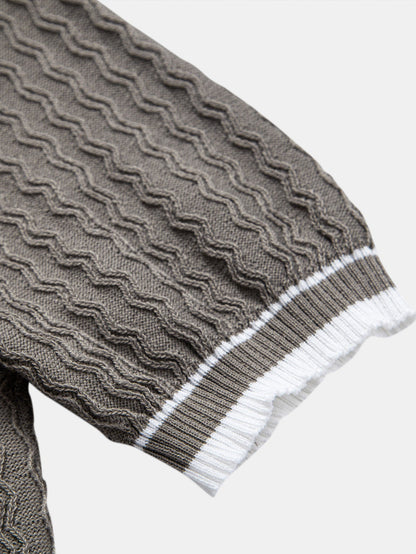 Wave Jacquard Zip Up Knitted Polo Shirt