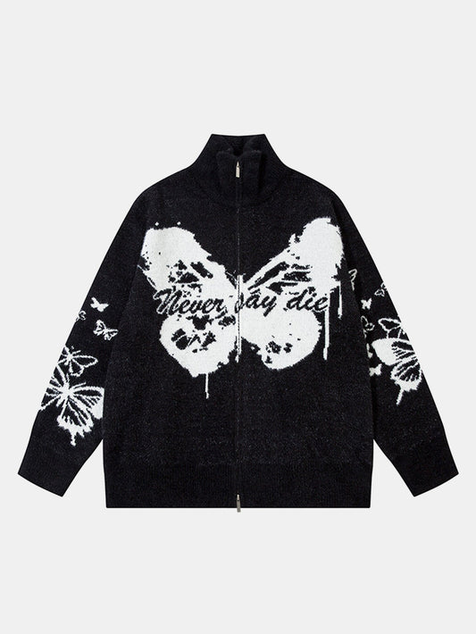 Butterfly Print Zip-Up Knit Sweater