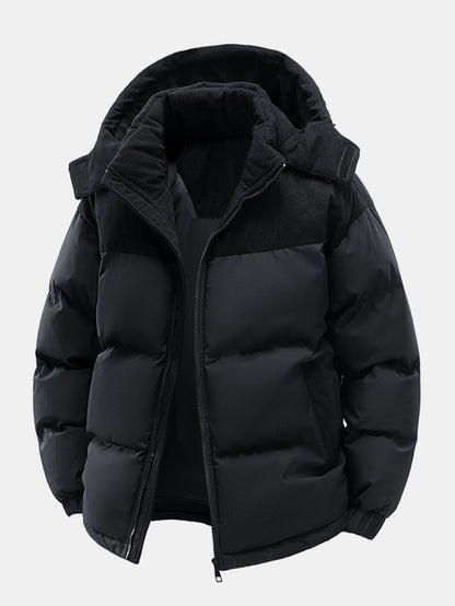 Corduroy Patchwork Hooded Puffer Jacket