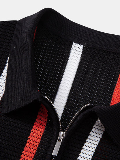 Striped Knit Zip Up Polo Shirt