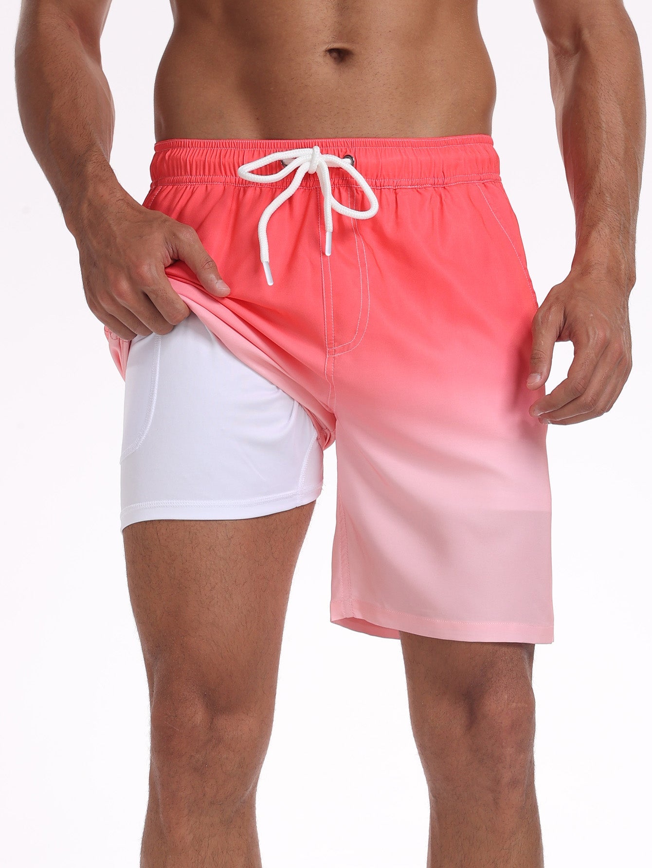 2 In 1 Drawstring Beach Swim Shorts With Pocket