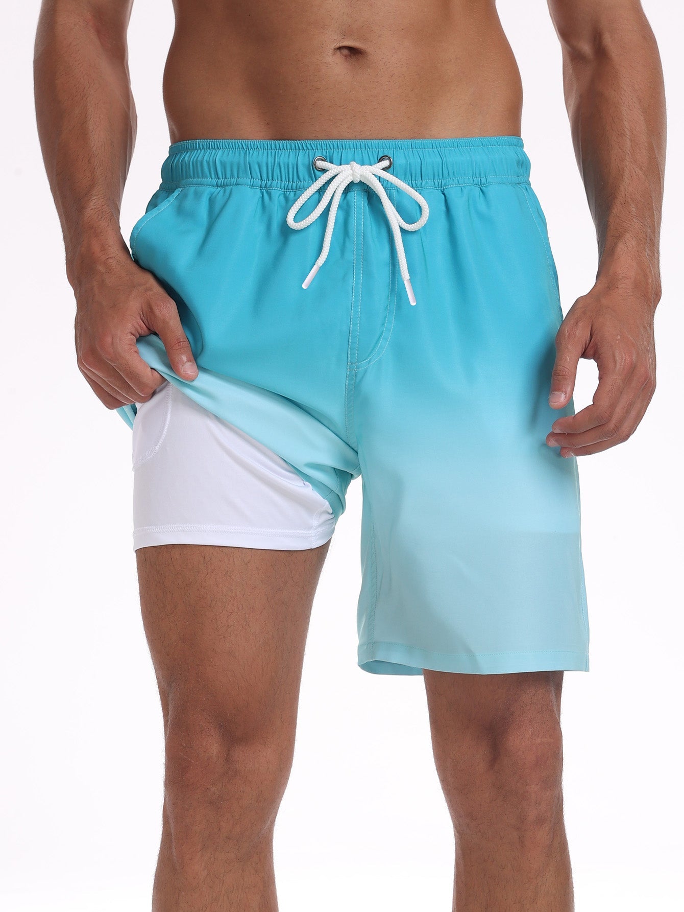 2 In 1 Drawstring Beach Swim Shorts With Pocket