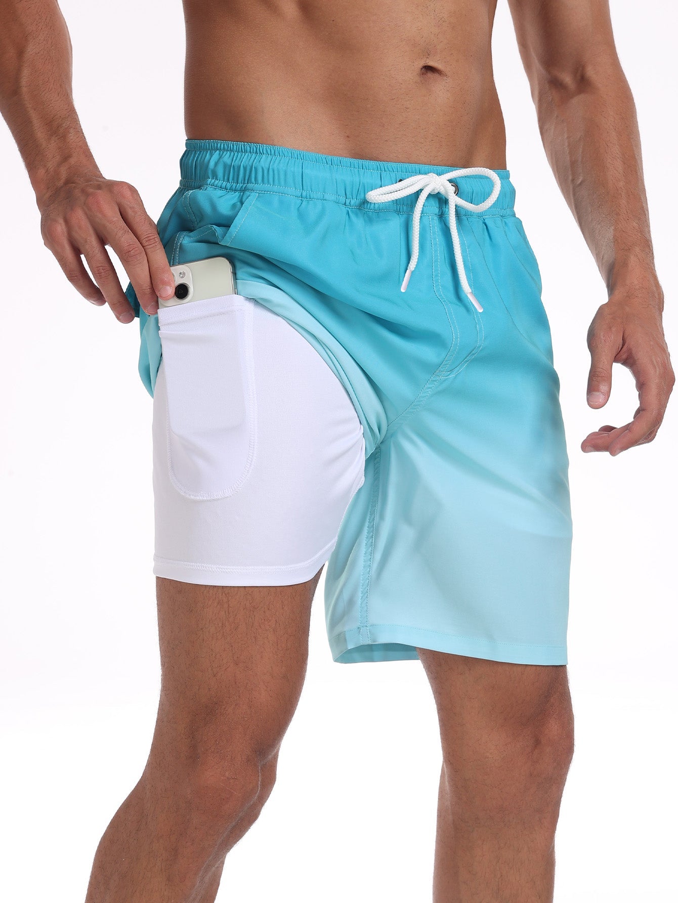 2 In 1 Drawstring Beach Swim Shorts With Pocket