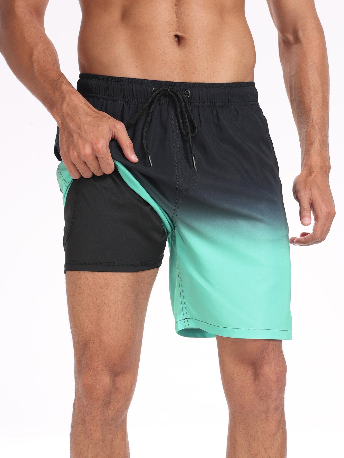 2 In 1 Drawstring Beach Swim Shorts With Pocket